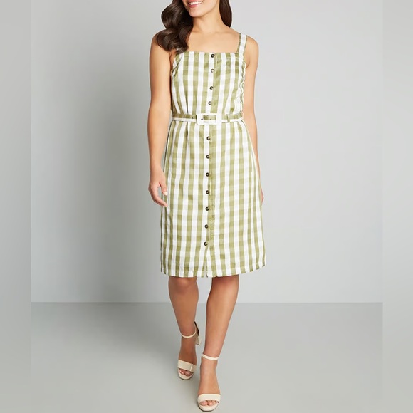 ModCloth NWT Past But Not Least Belted Shirt Dress Green Gingham Retro XS - Picture 5 of 6